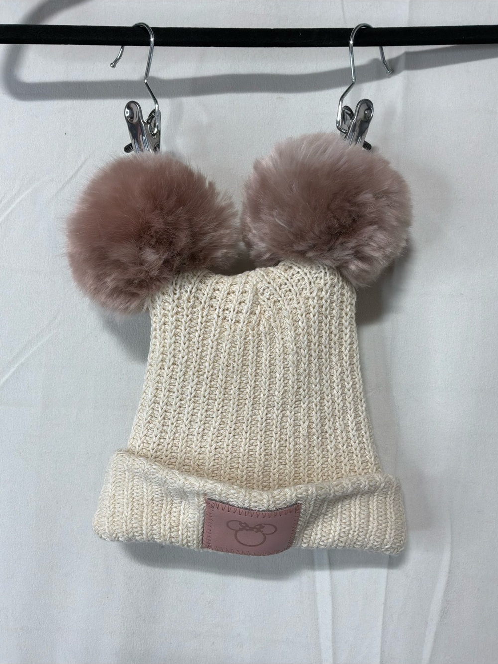 Love Your Melon Cream Knit Kids Beanie with Blush Pom Poms
